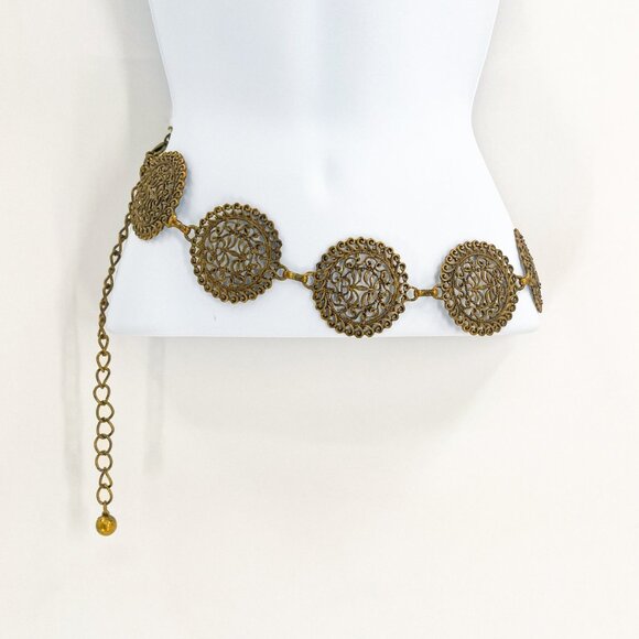 Vintage Accessories - Vintage Hip Waist Dress Metal Chain Medallion Belt Concho Ornate Western